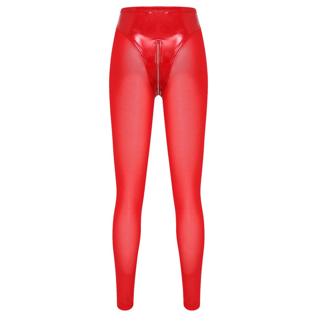S-3XL Damen durchsichtige Netz- und PU-Leder-Leggings mit hohem Bund Reißverschluss im Schritt Strumpfhosen für stilvolle Rave-Nachtclub-Partys