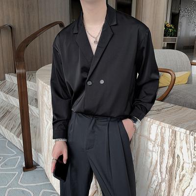 Camicia da Uomo Primaverile in Seta Ghiaccio con Colletto Reversibile, Scollo a V, Ampia, a Doppio Bottone, Tinta Unita