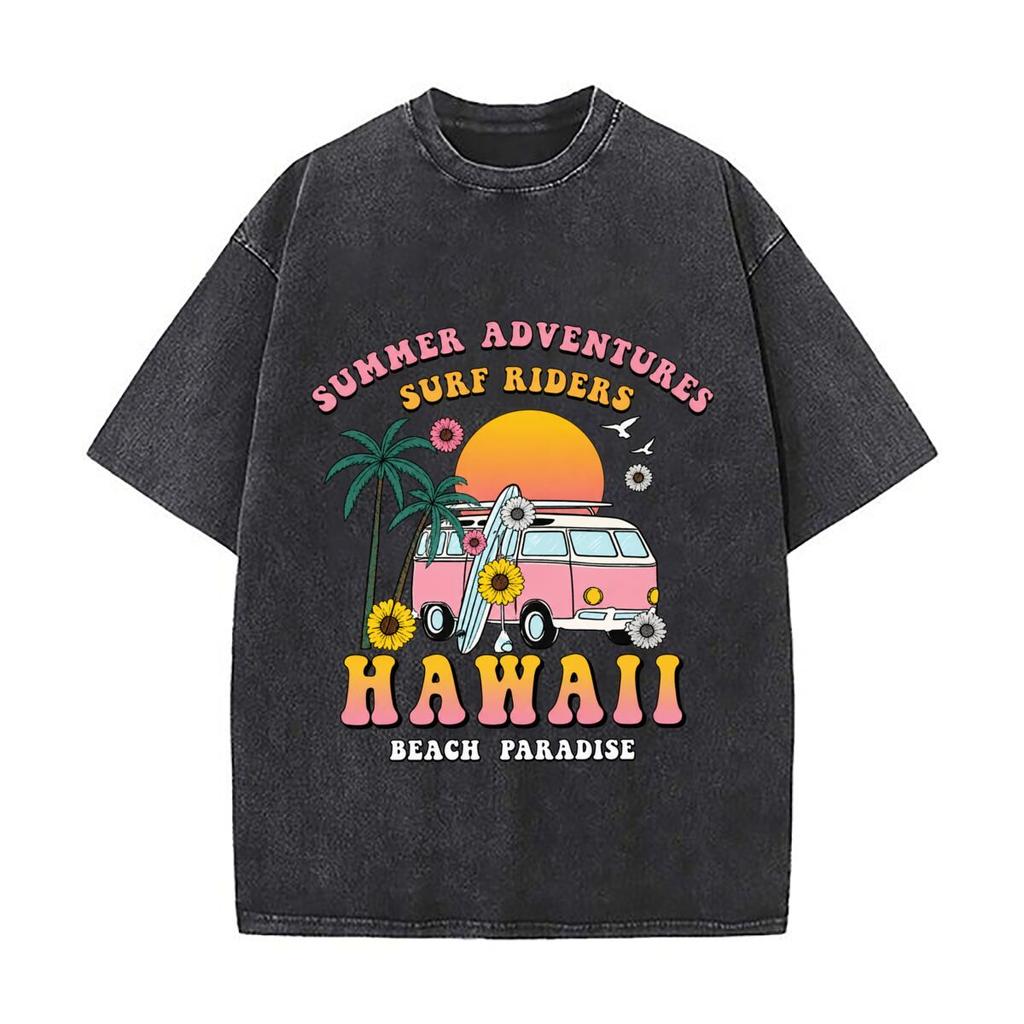 Summer Adventures Surf Riders Hawaii Beach Paradise Sunset Washed Short Sleeve Loose Streetwear Tee Hip Hop
