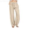 Casual Loose Wide-Leg Linen Pants with Elastic Lace-Up Waistband and Pockets