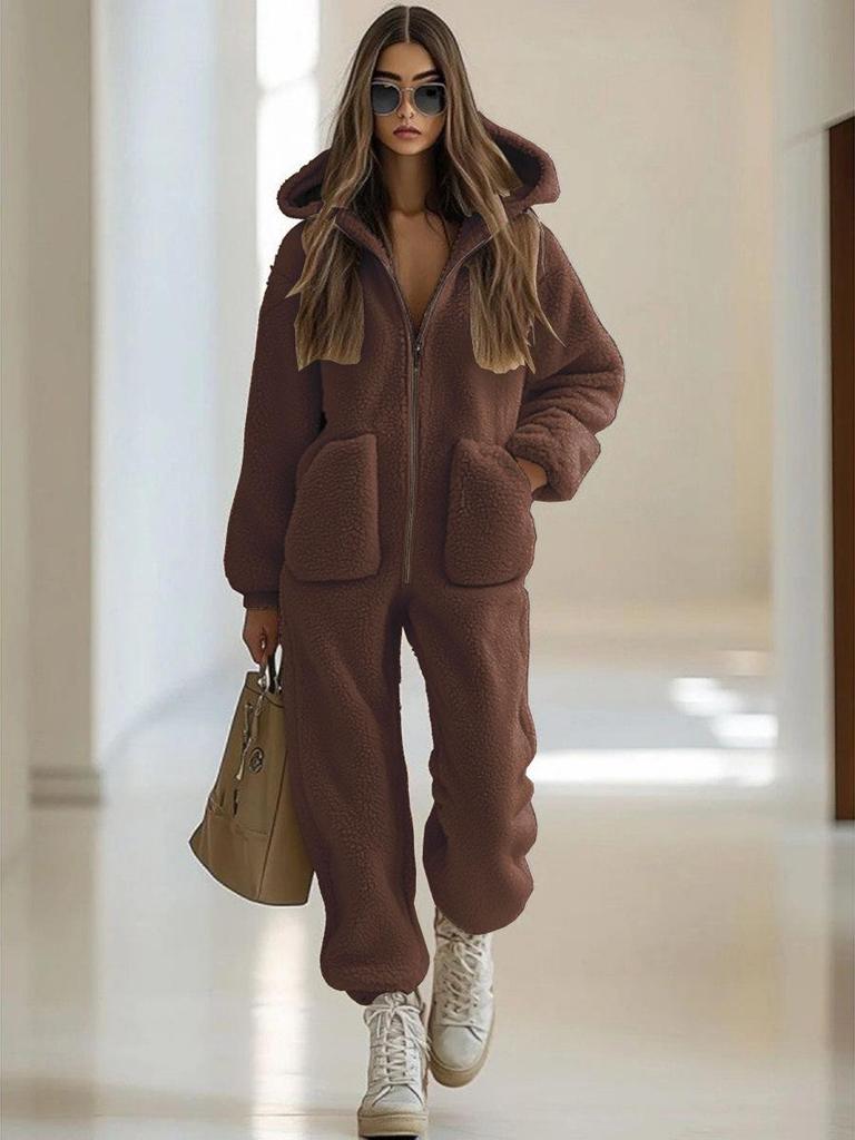 2025 Lambswool Hooded Zipper Jumpsuit: Winter Fashion