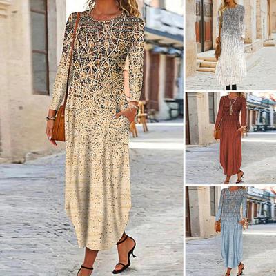 Fall Spring Women Dress O Neck with Pockets Long Sleeves A-line Printing Loose Irregular Hem Dating Commuting Maxi Dress