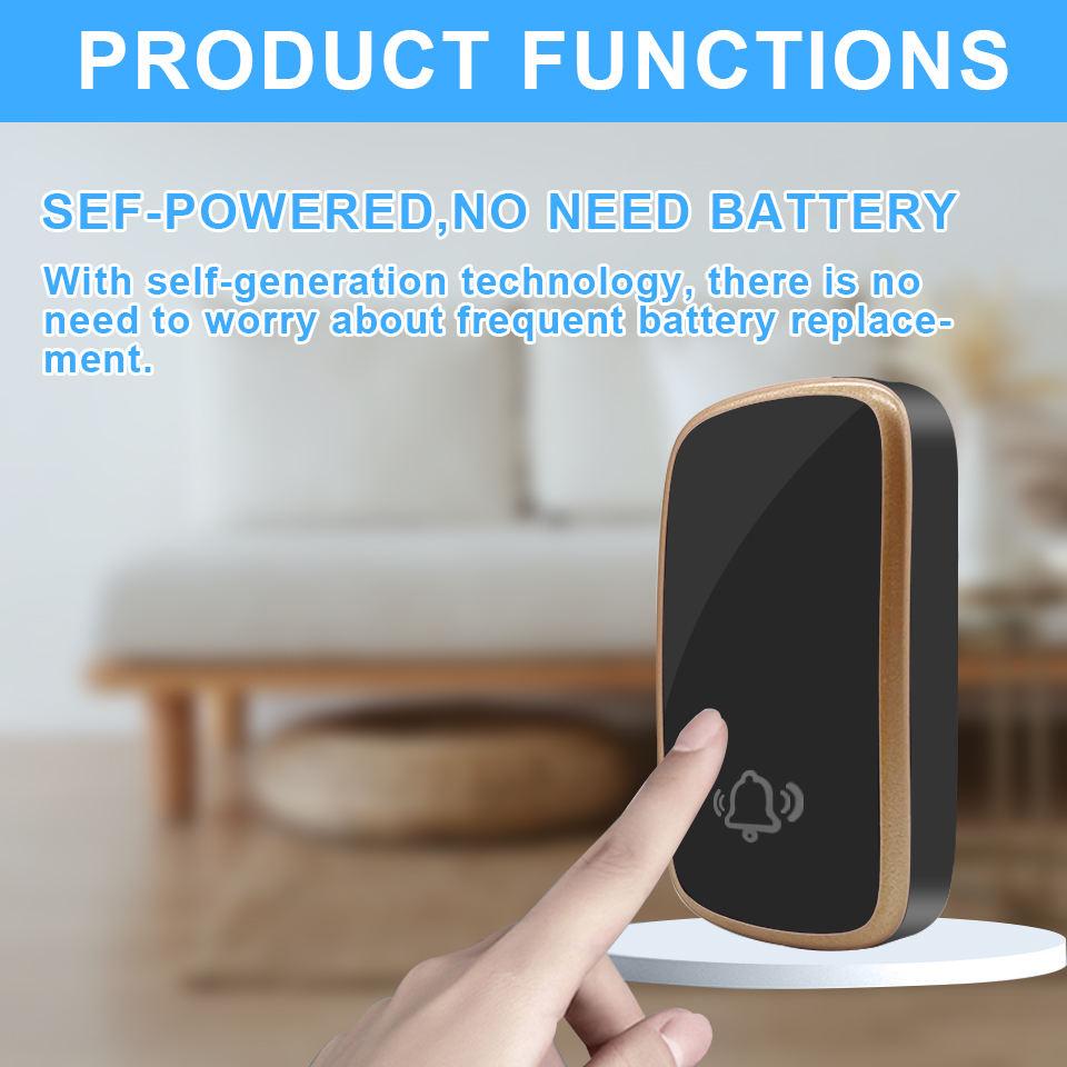 Factory Self Powered Doorbell EU AU UK US Plug Wireless Doorbell With 2 Receivers  Self Powered Door Bell