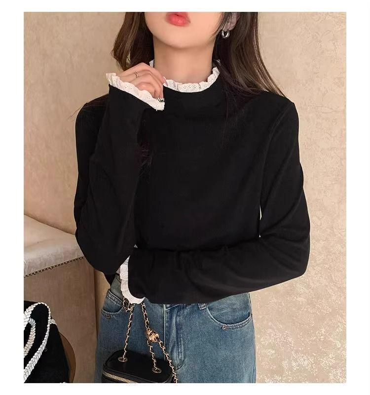 Women's Long Sleeve Fleece Lace Patchwork Slimming Base Layer Top for 2026 Autumn/Winter