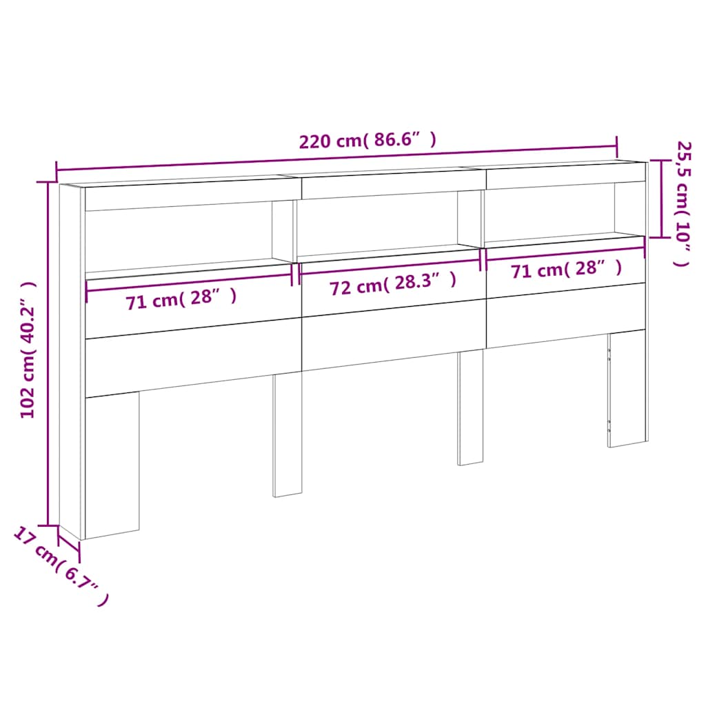 LED Headboard with Shelves Black 220 x 17 x 102 cm