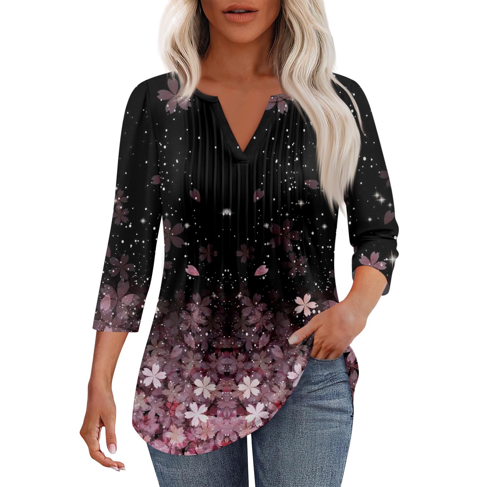 

Женская модная повседневная плиссированная футболка с V-образным вырезом и рукавом семь четвертей XXL