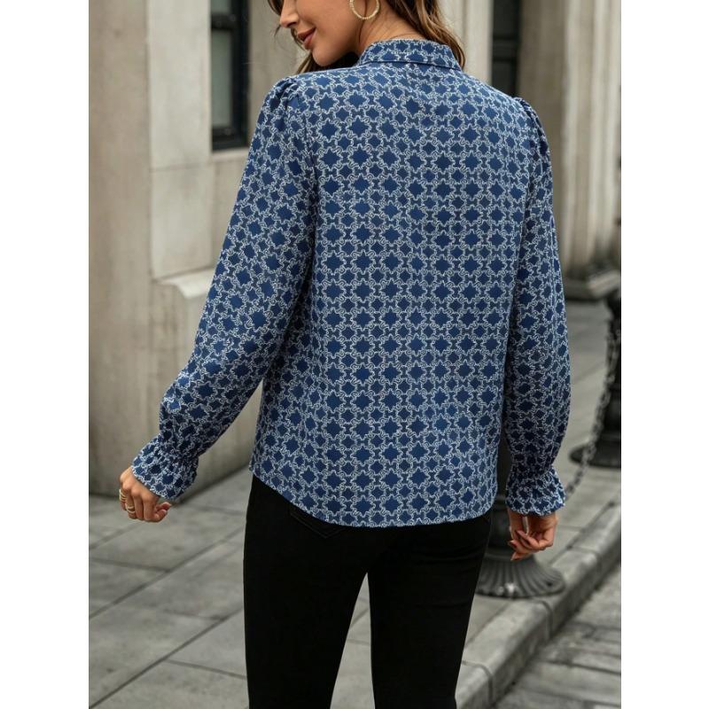 Women S Vintage Printed V Neck Long Sleeve Casual Blouse