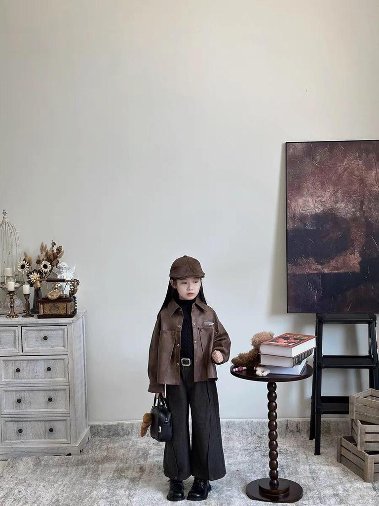 Girls' 2024 Autumn/Winter Sweet Retro Leather Jacket & Sweater Set with Wide-Leg Pants