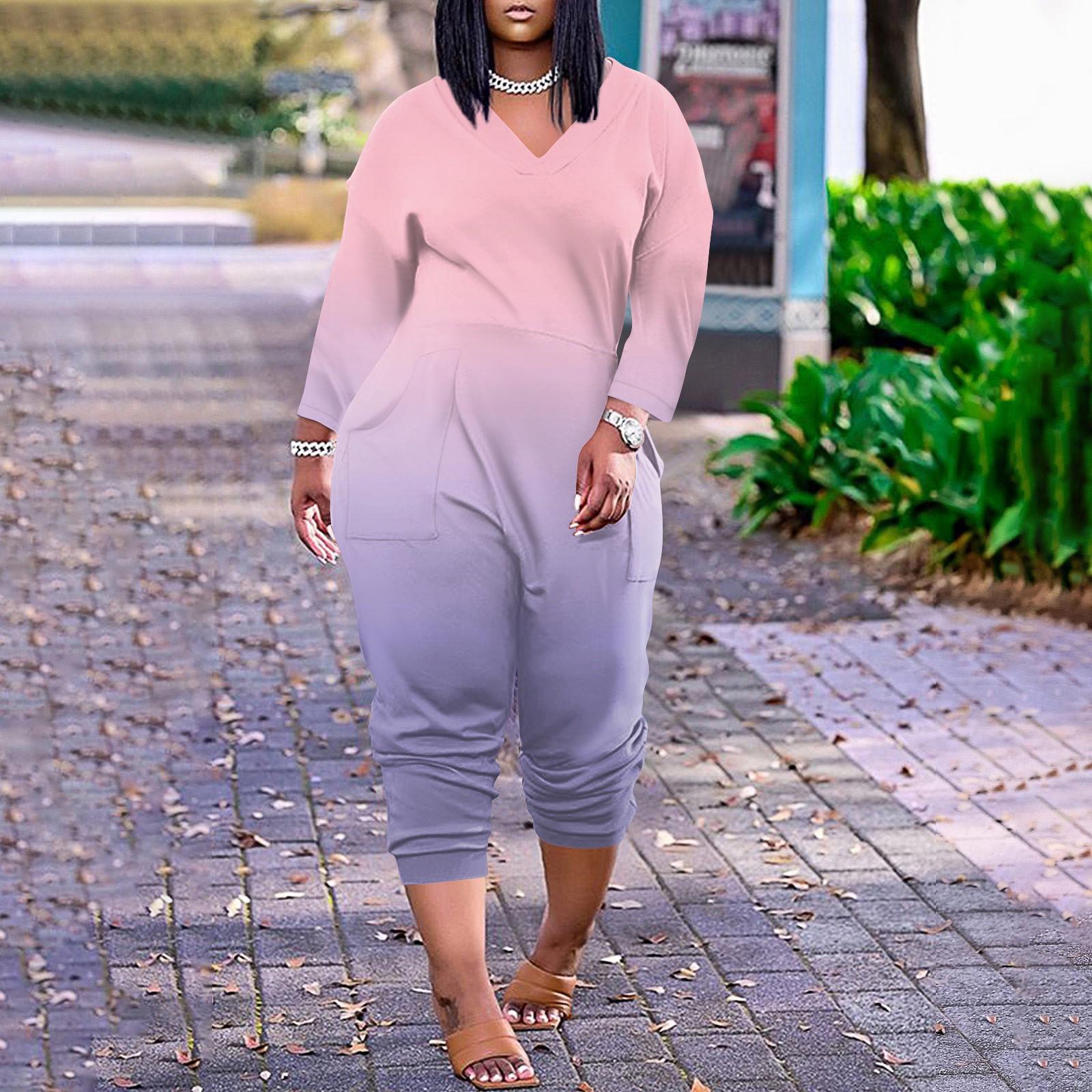 

Женский свободный повседневный комбинезон большого размера с v-образным вырезом и длинными рукавами с принтом и карманами XL