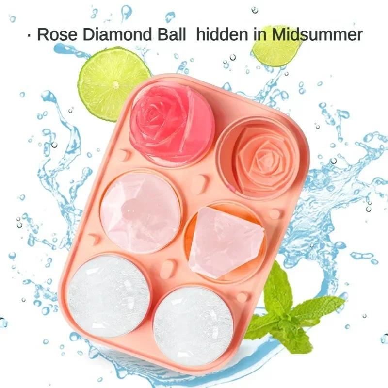 4 Grid Ice Cube Tray 3D Rose Diamond Round Ice Cube Molds Flower Shape Silicone Ice Maker Kitchen Bar Utensil Tool Accessorise