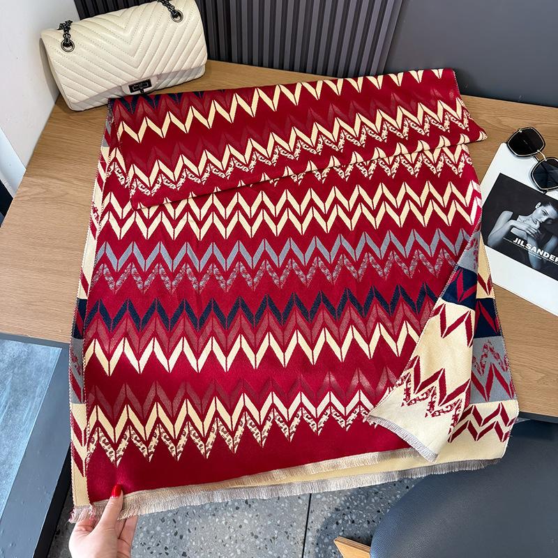 

Женский зимний шарф высокого качества из имитации кашемира, двусторонний, с геометрическими полосками, теплый и защищающий от холода, большая шаль, универсальный шарф 185cm красный