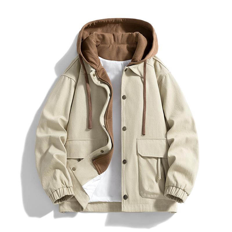 Spring And Autumn New Fake Two Piece Jacket Hooded Jacket Men'S Baseball Jacket Trendy Brand Versatile Casual Loose Work Jacket