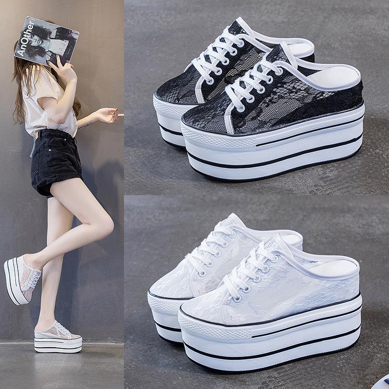 Mode Casual skor Tofflor Dam Kanvas skor Mode Andningsbar Plattforms Kilklack Dam Toffel Sneakers Mules Sandaler Slide