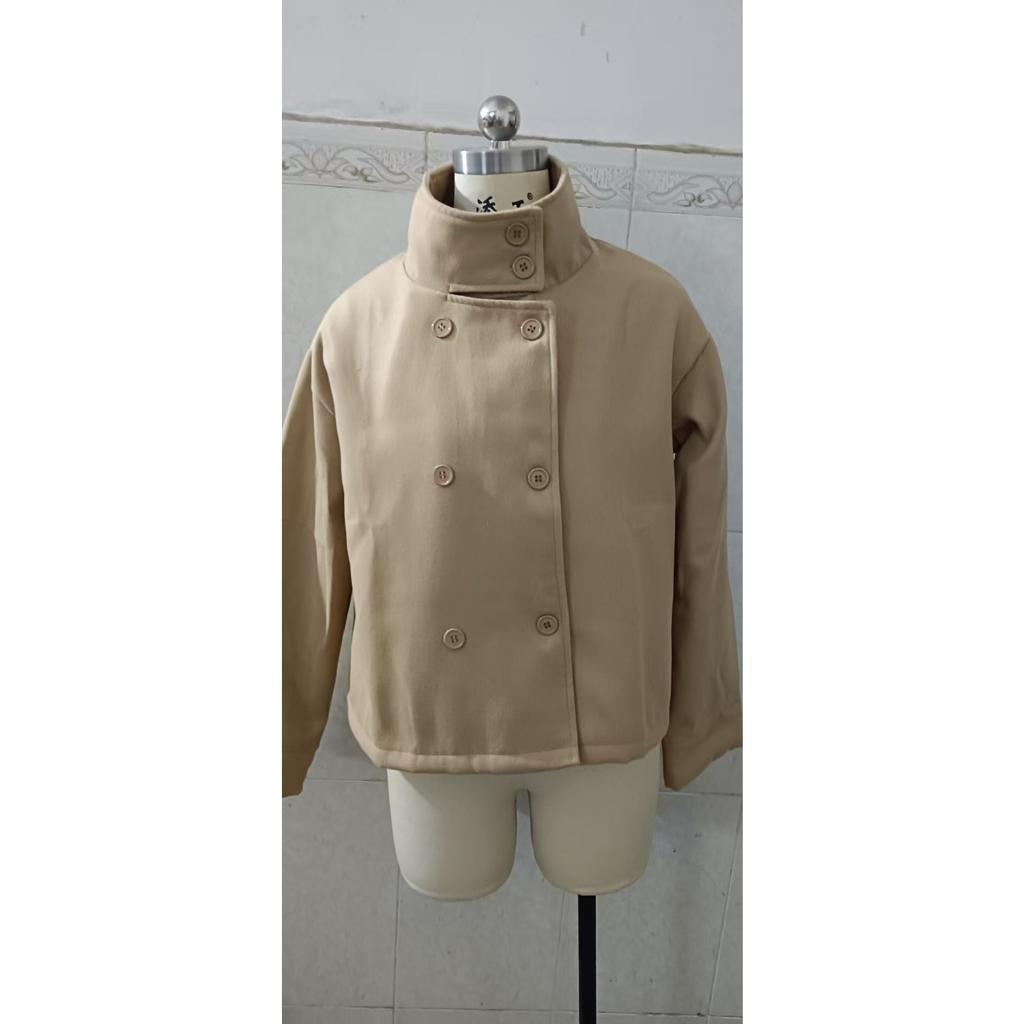 Damen Wollmantel mit Stehkragen, langen Ärmeln, lockerem Schnitt, lässige zweireihige Jacke mit Knopfleiste
