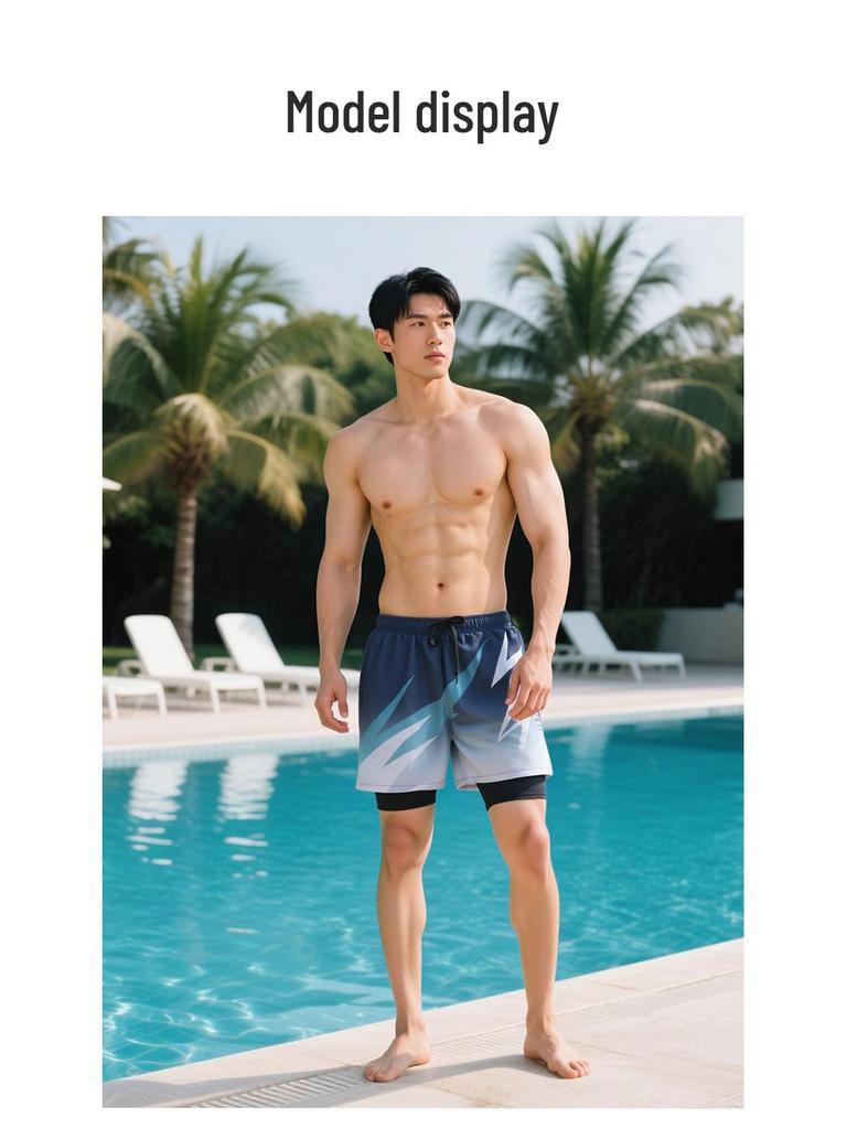 Men's Quick-Dry Double Layer Swim Trunks - Anti-Embarrassment Printed Beach Boxer Briefs