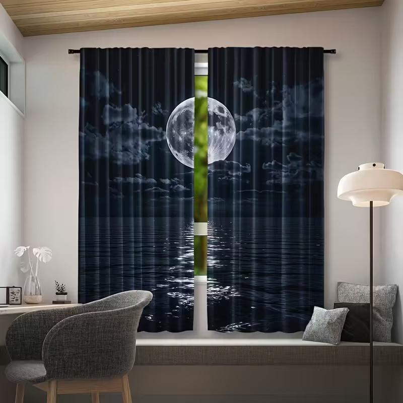 2Pcs Night View of the Sea Print Curtains  Suitable for Bedroom  Living Room Kitchen Decoration  Home Decoration  Window Decoration