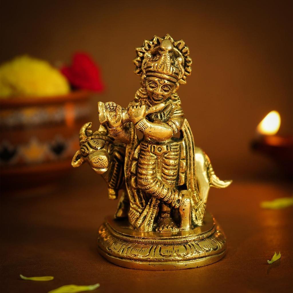 Pure Brass Lord Krishna Idol with Flute (9 cm) | Shree Lord Krishna Statue for Home Decor | Kanha Ji ki Murti for Office Desk