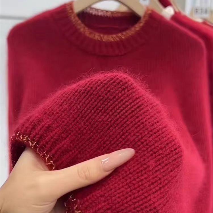 European Style Red Wool Sweater for Women - High-End Thick Gauge, Loose Fit, Autumn/Winter Collection, Christmas and New Year Zodiac Design.
