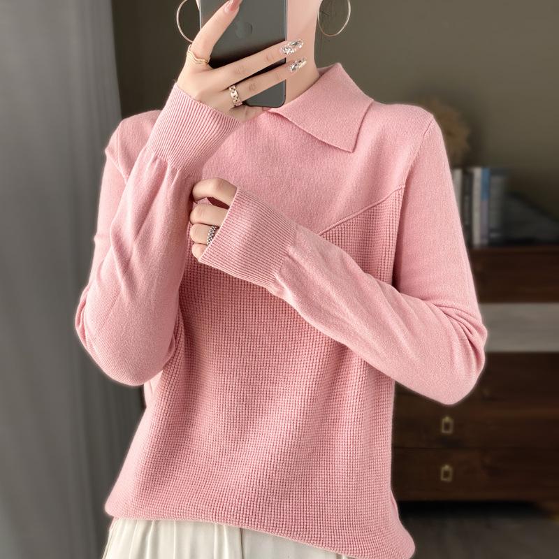 

YYFS женские модные повседневные однотонные свитера с воротником-поло на осень-зиму с длинными рукавами и принтом XXL розовый