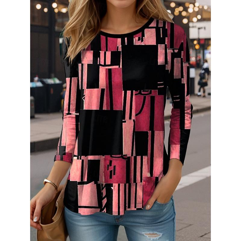 Striped Checkered Printed Pattern Women's Long Sleeved T-shirt, Winter Warm T-shirt Top, Fashionable Casual T-shirt, Must-have Top for Parties