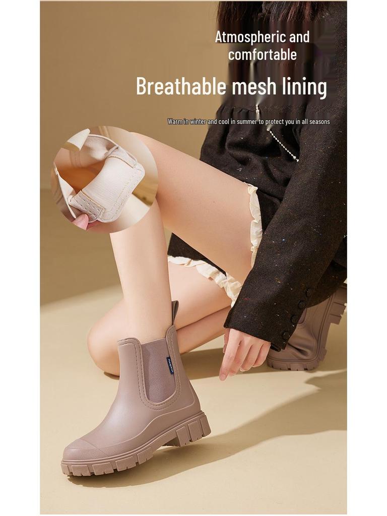 Women's Waterproof Non-Slip Rain Boots with Thick Soles and Mid-Low Shaft – Elastic Opening for Added Comfort.
