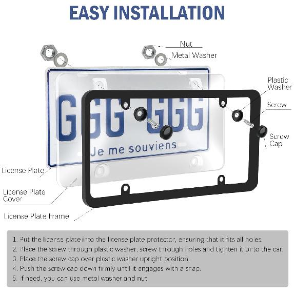 License Plate Covers, 2 Pack License Plate Protector And Frames Combo, Plastic Car Front/Rear License Plate Covers Ith Screws Caps, Universal Car