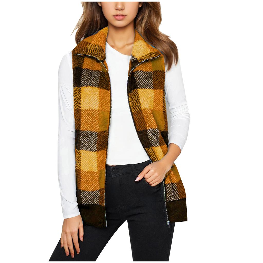 Women's Zipper Plaid Vest Sleeveless Lapel Front Cardigan Wool Sweater Autumn Fashion Plush Jacket Coat