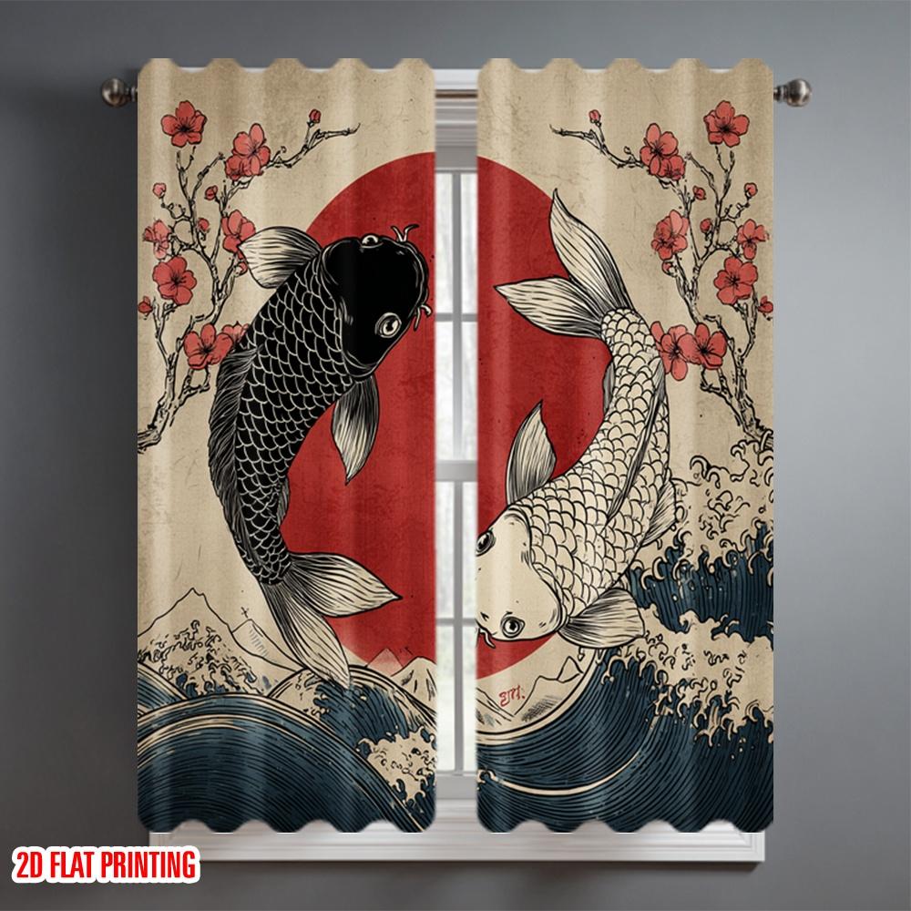 2D Flat Printing 2pcs Window Drapes Yin Yang Koi Japan Wave Digital Printed Polyester Drapes Seasonal Party & Holiday Decor