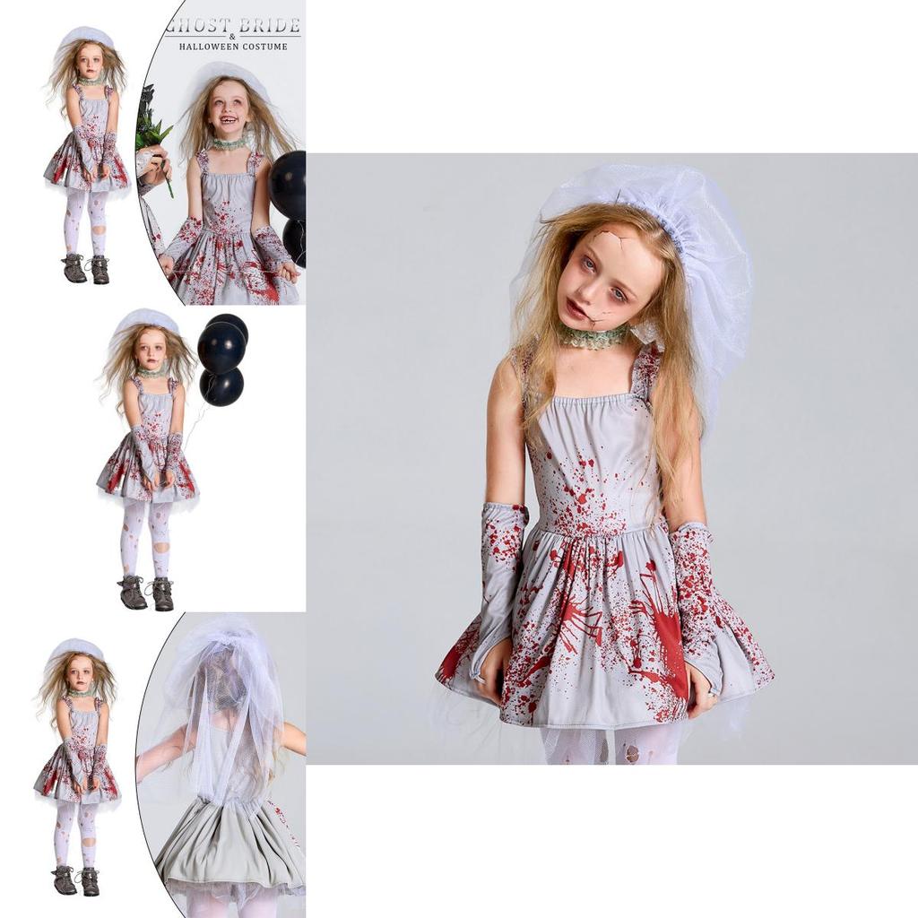 Costume di Halloween per Bambini e Adulti Spaventoso Vestito da Sposa Fantasma Grigio Macchiato di Sangue con Pizzo e Gonna in Tulle