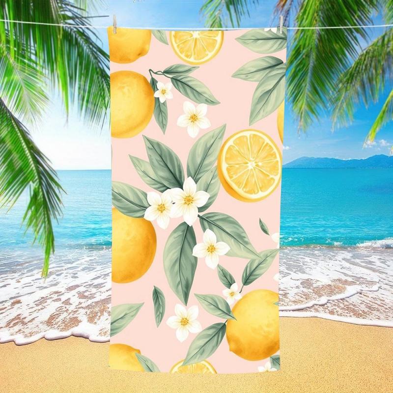 Fresh Lemon White Floral Pattern Beach Towel Soft Quick Dry Towel for Summer Beach Pool Travel Spa Camping Daily