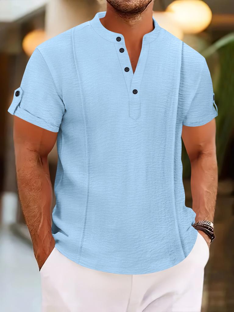 Maglietta Henley da Uomo Estiva in Misto Cotone, Tinta Unita Scollo a V con Bottoni Manica Corta Casual con Texture Rugosa