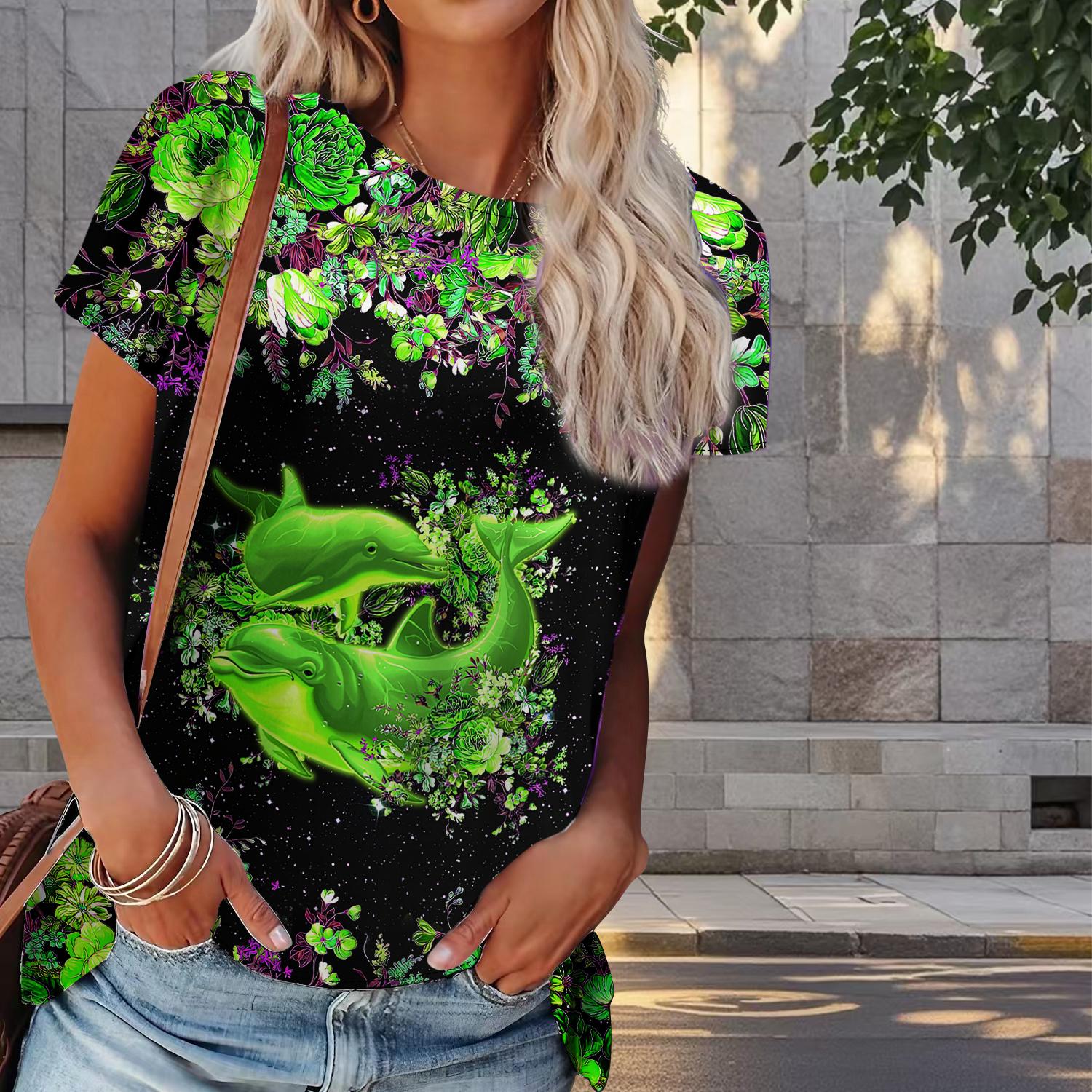 

Женская летняя футболка с принтом дельфина в стиле ретро, футболки с коротким рукавом, повседневные топы с принтом M зелёный