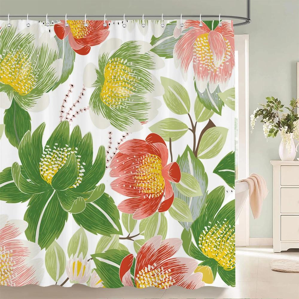 Plants and Floral Shower Curtain, Texture Fabric Bathroom Decor Watercolor Flowers and Plants Shower Curtians with Hooks