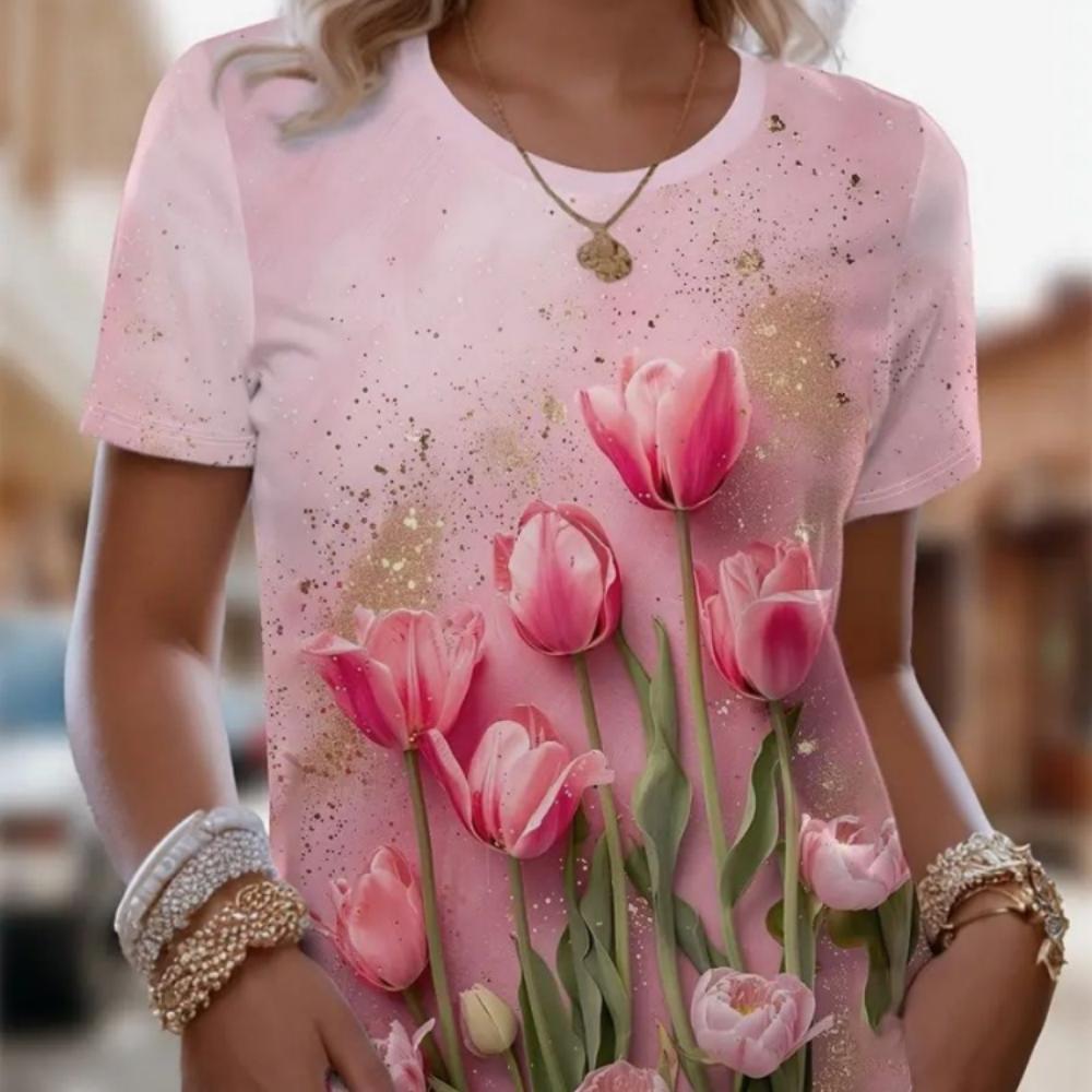 Summer Women's 3D Printed Crew Neck T-Shirt Fashion Versatile Breathable Trend Casual