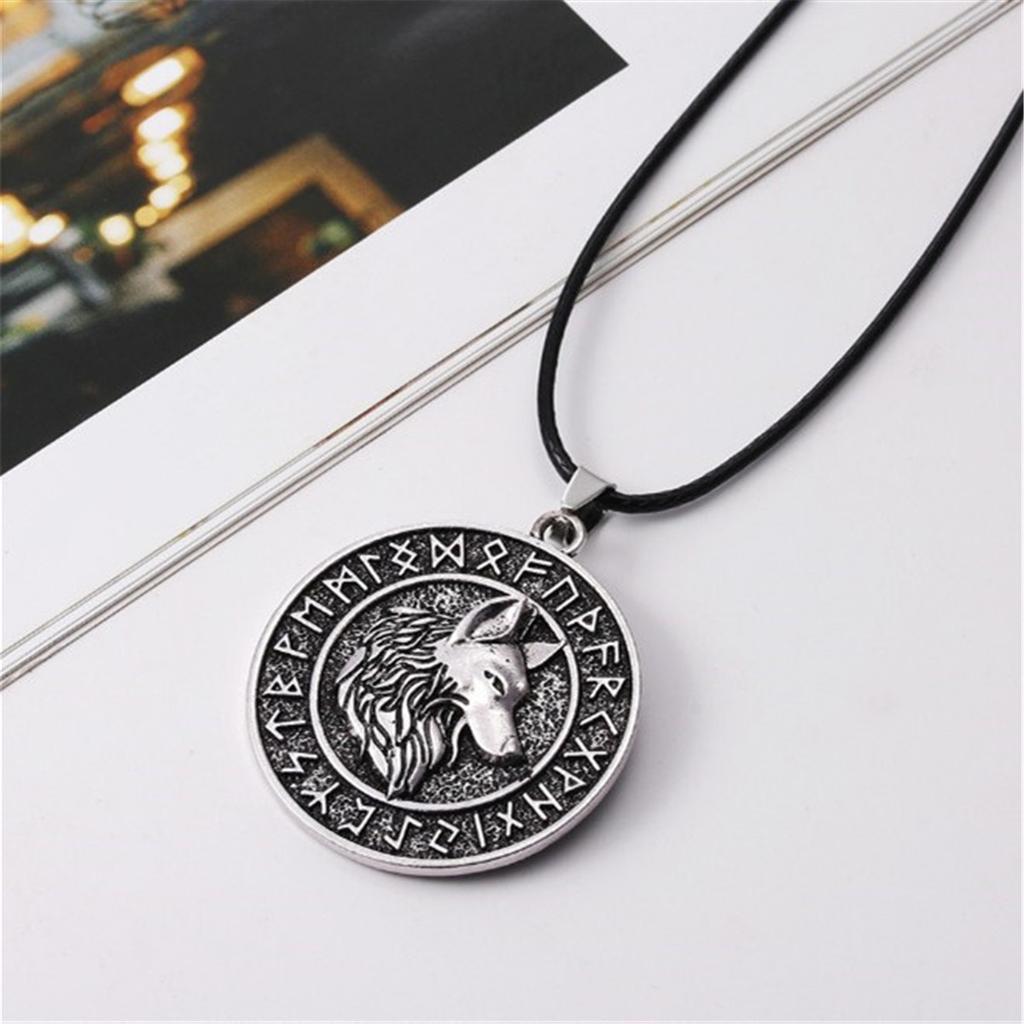 Men Fashion Vintage Silver Norse Viking Letters Wolf&Vegvisir Rune Amulet Alloy Pendant Necklace