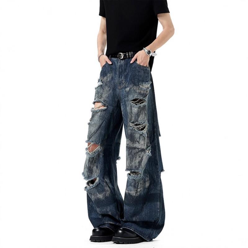 Vintage Washed Distressed Jeans Men Women American Style Wide Leg Trousers Casual Streetwear