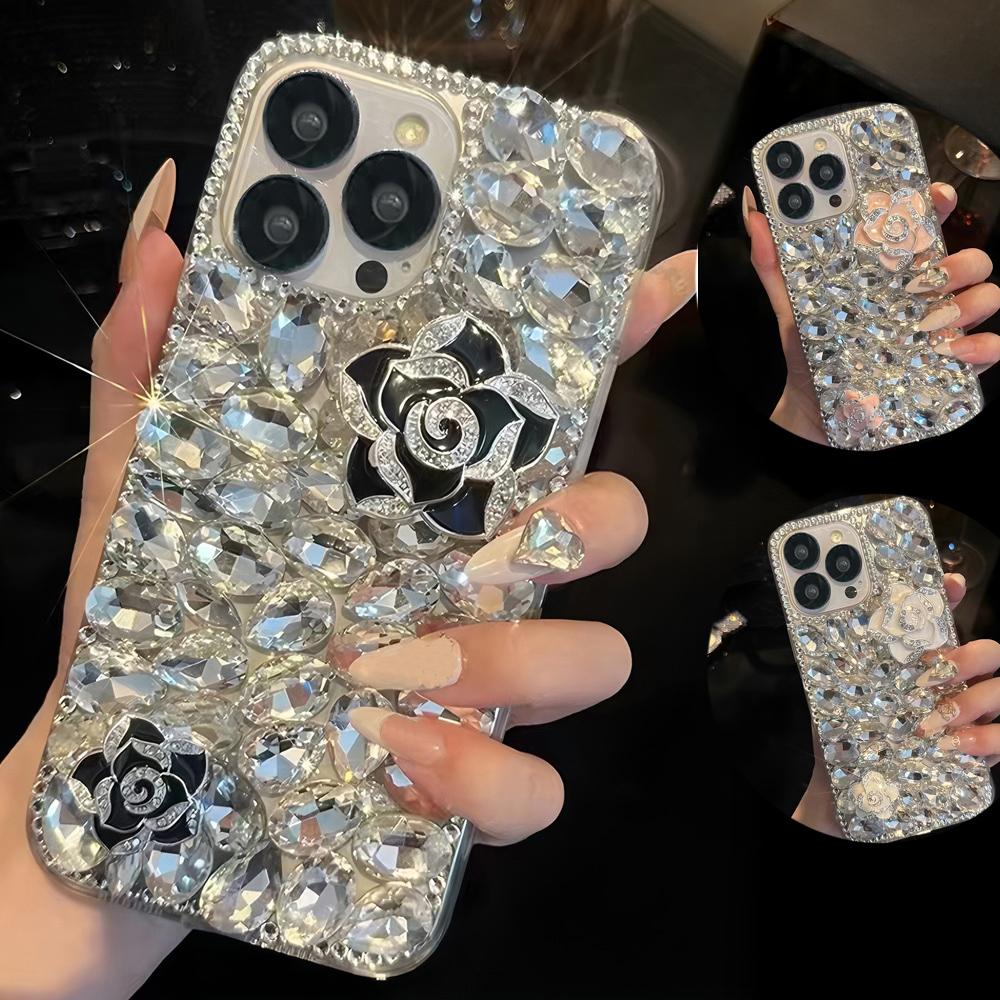 Glitter Bling Crystal Rhinestone Camellia Flower Phone Case For Samsung Galaxy Note 20 Ultra 10 Plus Xcover 7 Pro Sparkly Diamond Cover