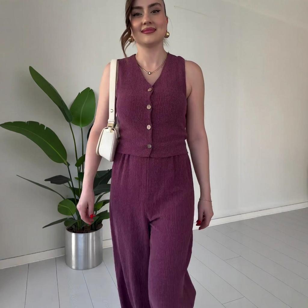 2025 summer European and American women's clothing cross-border comfortable casual versatile commuter sleeveless button top pants two-piece set
