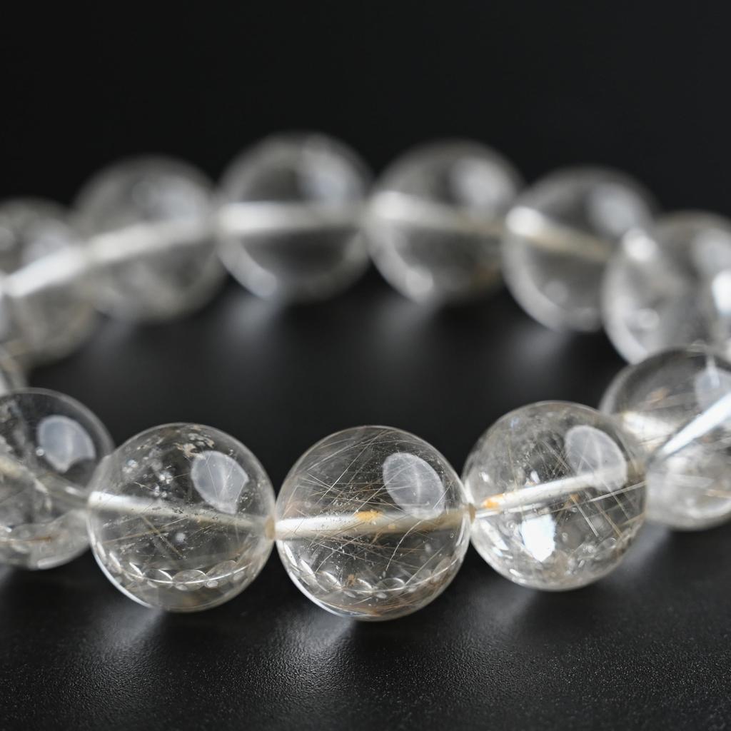 Eigado Silver Rutilated Quartz 16mm 18cm Wrist Limited Natural Power Prayer Good Luck Feng Shui Bracelet, Stone, Circumference, One-of-a-Kind,
