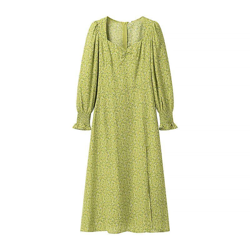 

Kaslead New Arrival Women s Clothing Fashion Style Fashion Minimalist Puff Sleeves Print Long Sleeves Dress Green L