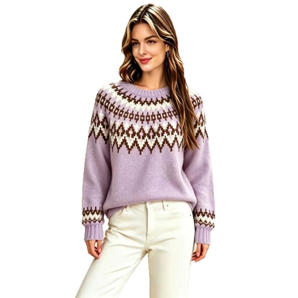 2026 Autumn and Winter Retro Fair Island Jacquard Crew Neck Sweater Women's Loose Lazy Soft Waxy Knitted Sweater Jumper