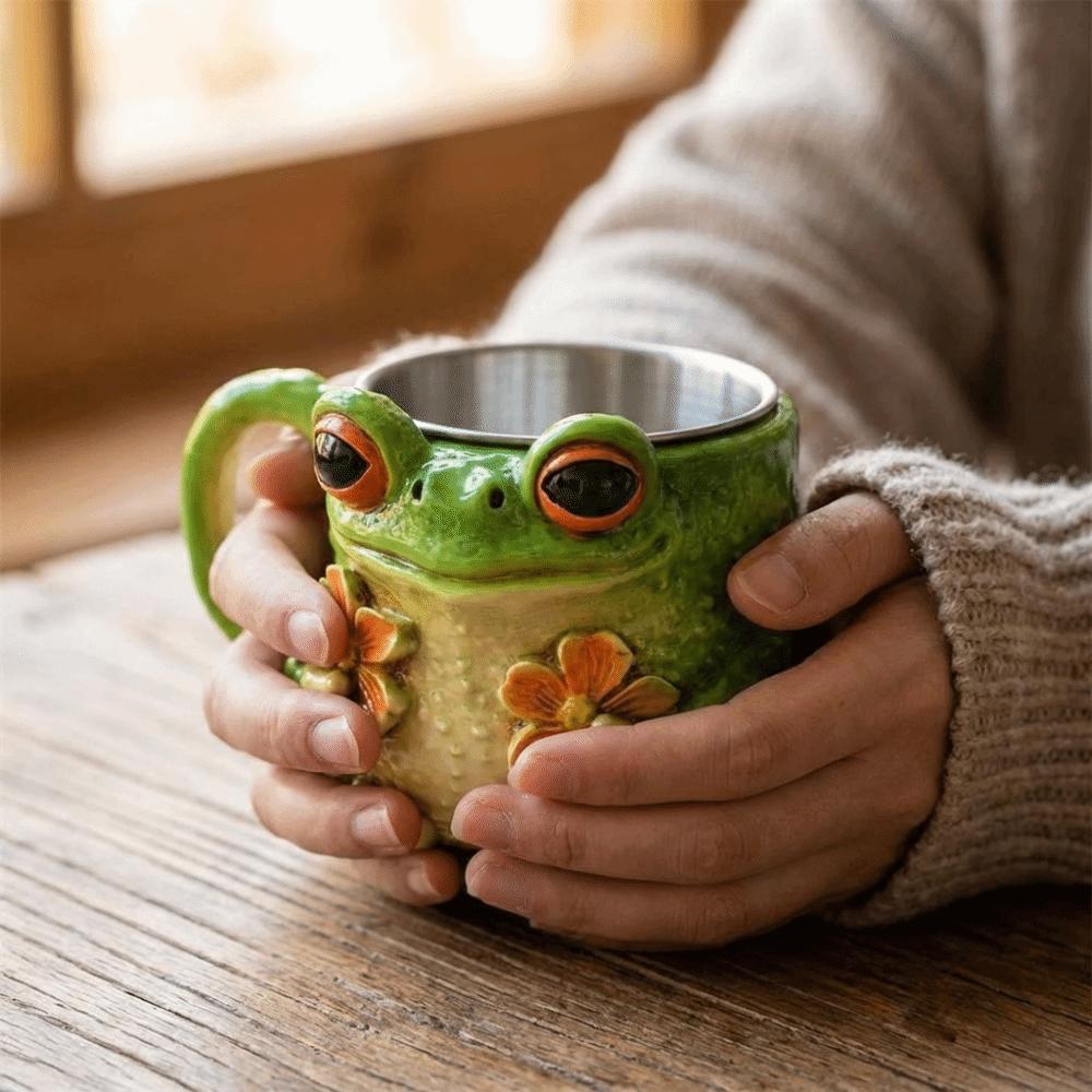 Resin Frog-Shaped Coffee Cup Anti Slip Cartoon Water Cup Safe Frog Floral Pattern Mug Juice