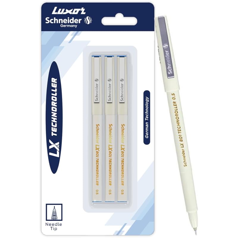 Luxor Schneider Lx 801 Technoroller|Roller Ball Pen|Pack Of 3 -Blue|Needle Tip|0.5Mm|100% German Technology|Consistent I