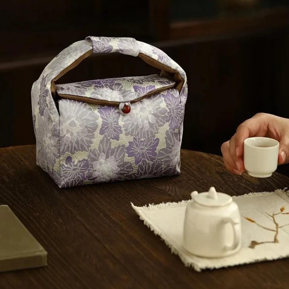 Portable Travel Tea Set Storage Handbag Bamboo Flower Embroidered Tea Cloth Bag Multifunctional Tea Set Storage Bag