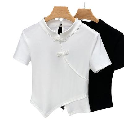 New Chinese-style Stand-up Collar Tilt Tandem Button Top Summer New Women's Irregular Hem White Short-sleeved T-shirt for Women