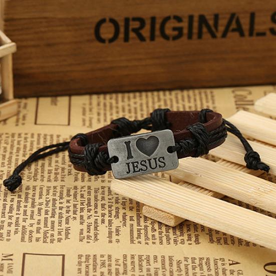 Unisex I LOVE JESUS Faux Leather Bangle Hemp Rope Chain Adjustable Bracelet