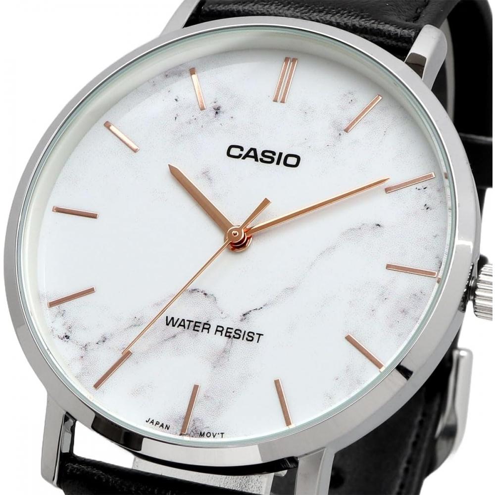 CaSio Men S Quartz Watch White Marble   Black Leather Mtp Vt01lm 7a