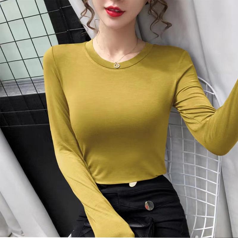 

Spring Autumn Round Neck Base Layer Women Long Sleeve Plus Size Ribbed Modal Versatile Korean Tee XL
