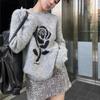 Arctic Velvet, Contrasting Color Rose Jacquard Long-sleeved Gray Crew Neck Knitted Sweater Women's Autumn and Winter Lazy and Loose