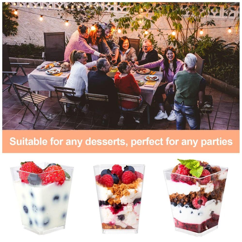 50PCS Durable With Lids Plastic Dessert Cups with Spoons Clear Square Cups Yogurt Parfait Cups Party